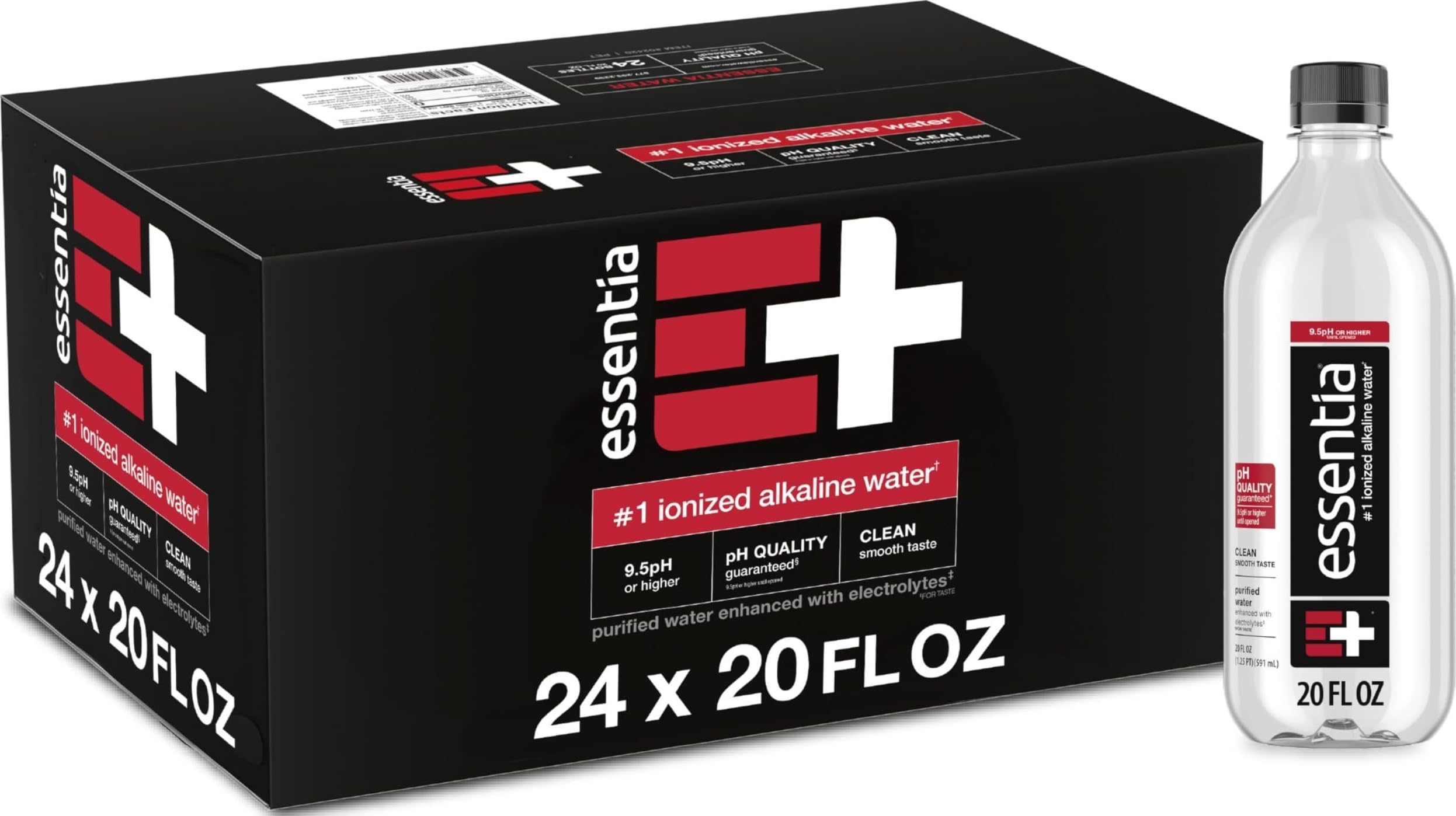 Essentia front of case showing 24-pack and easy storage benefit