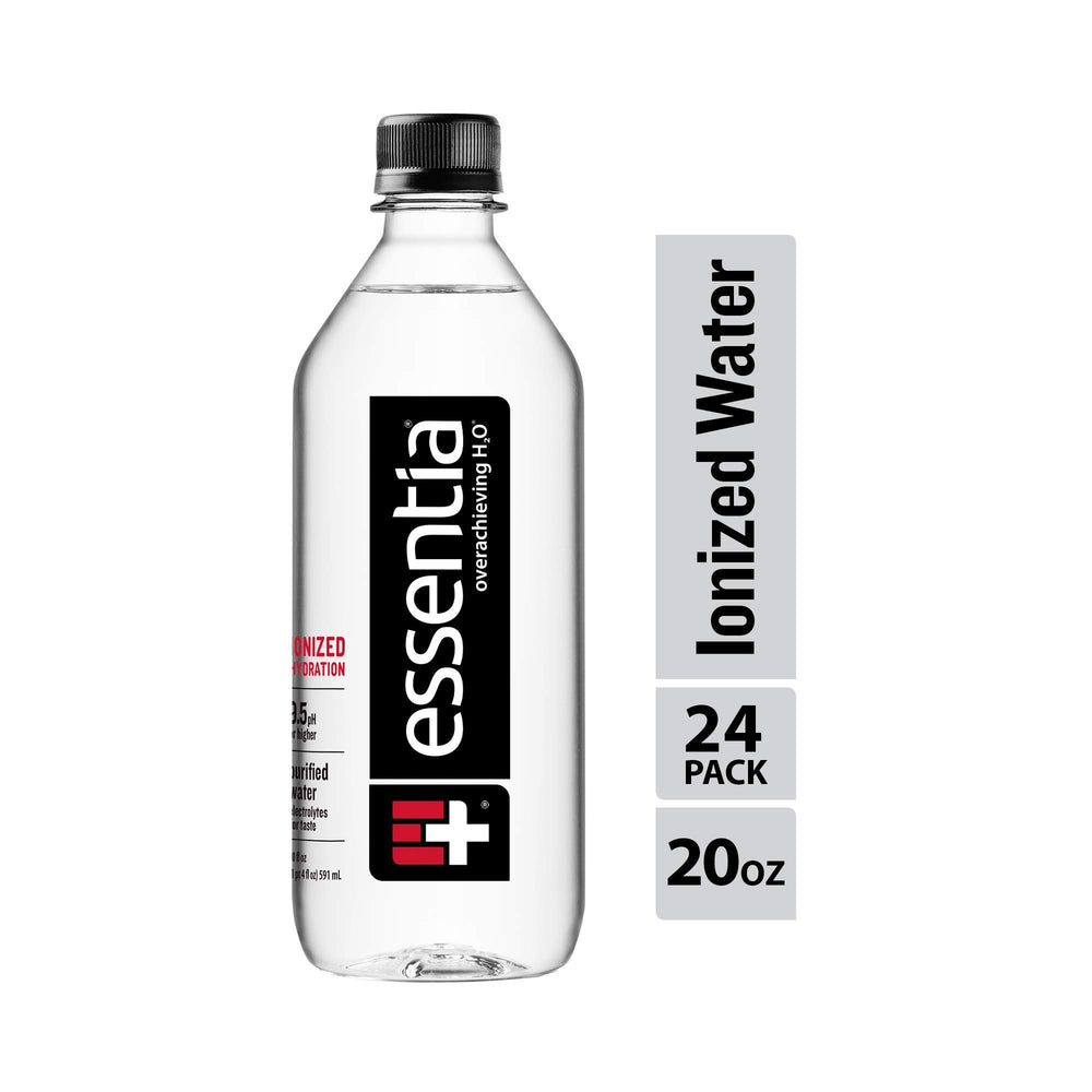 Essentia Water front packaging showing clear bottle and portable hydration benefit