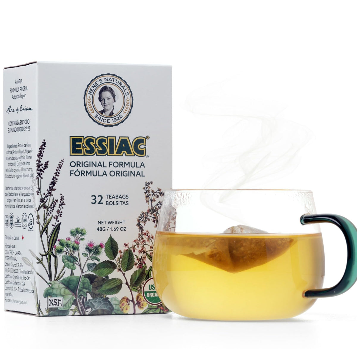 Essiac front packaging showing brand and organic label, clear product info benefit