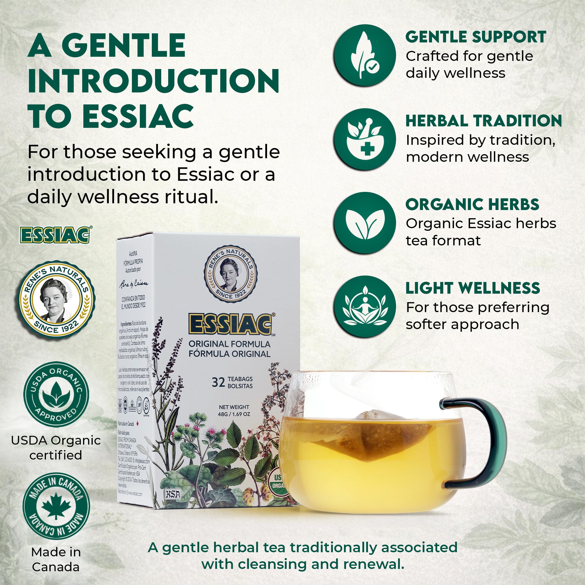 Pouring Essiac loose herbs into a spoon, showing natural ingredients benefit