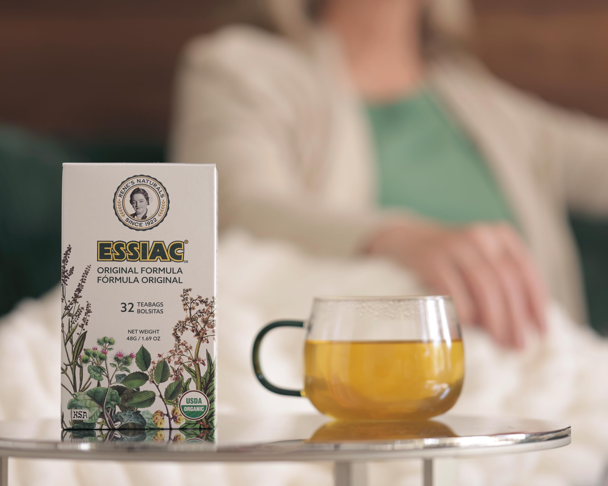 Detail of Essiac chlorine-free tea bag paper, showing microplastic-free benefit