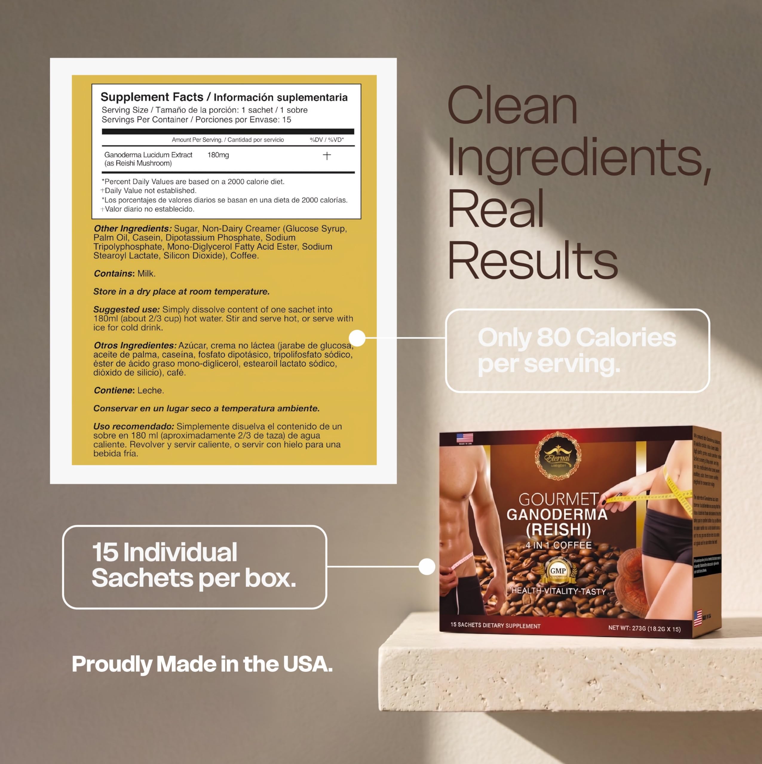 Eternal Spirit Beauty ingredients label showing ganoderma and light roast clarity