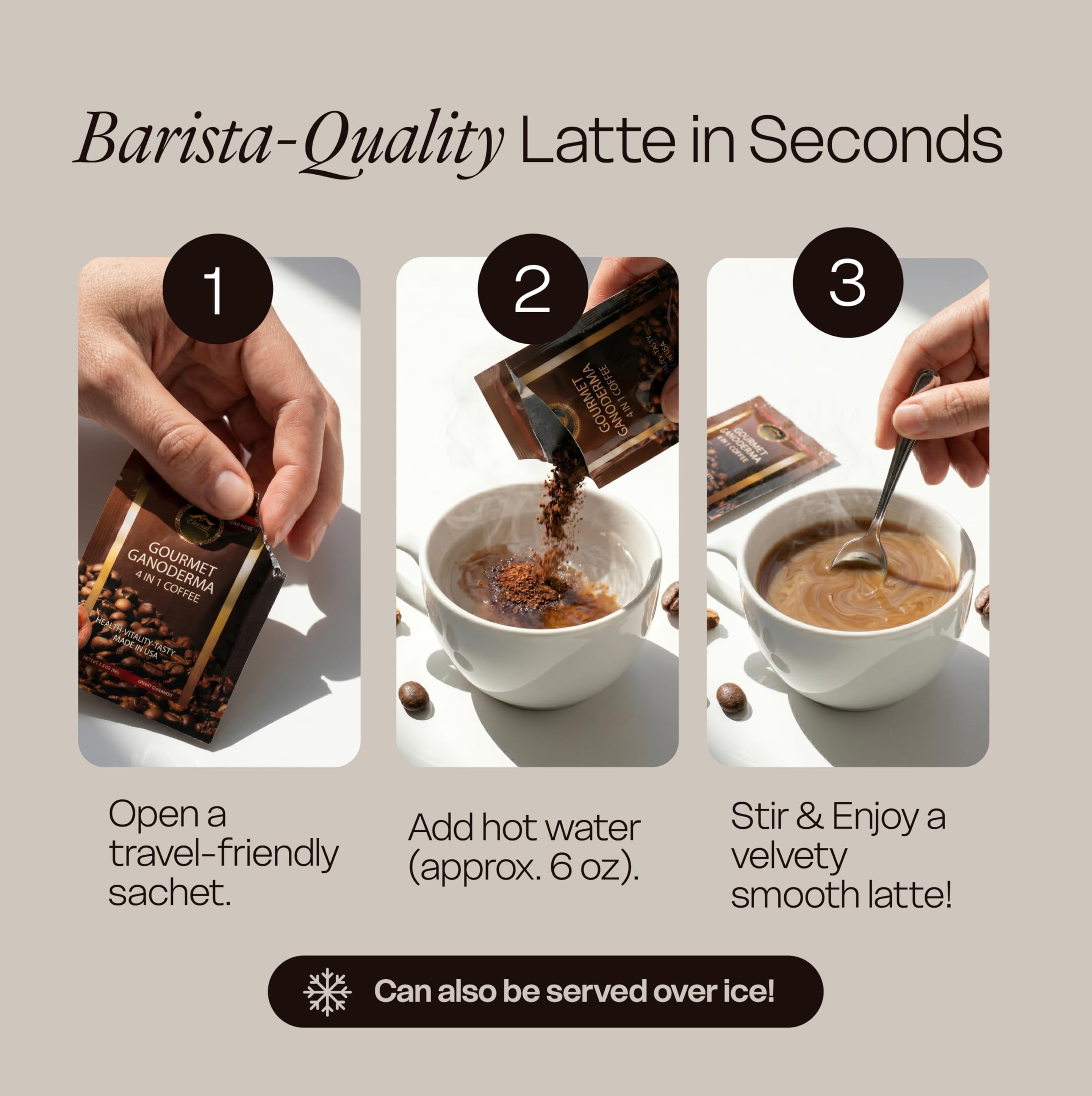 Eternal Spirit Beauty latte in cup with frothy top highlighting smooth taste