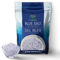 Eupherbia front package of 2 lb blue salt showing branding and refill format benefits