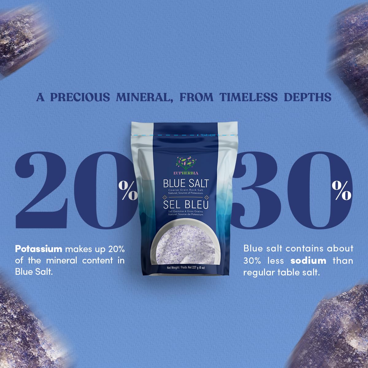 Eupherbia blue salt on spoon next to ruler showing 2 lb refill scale advantage