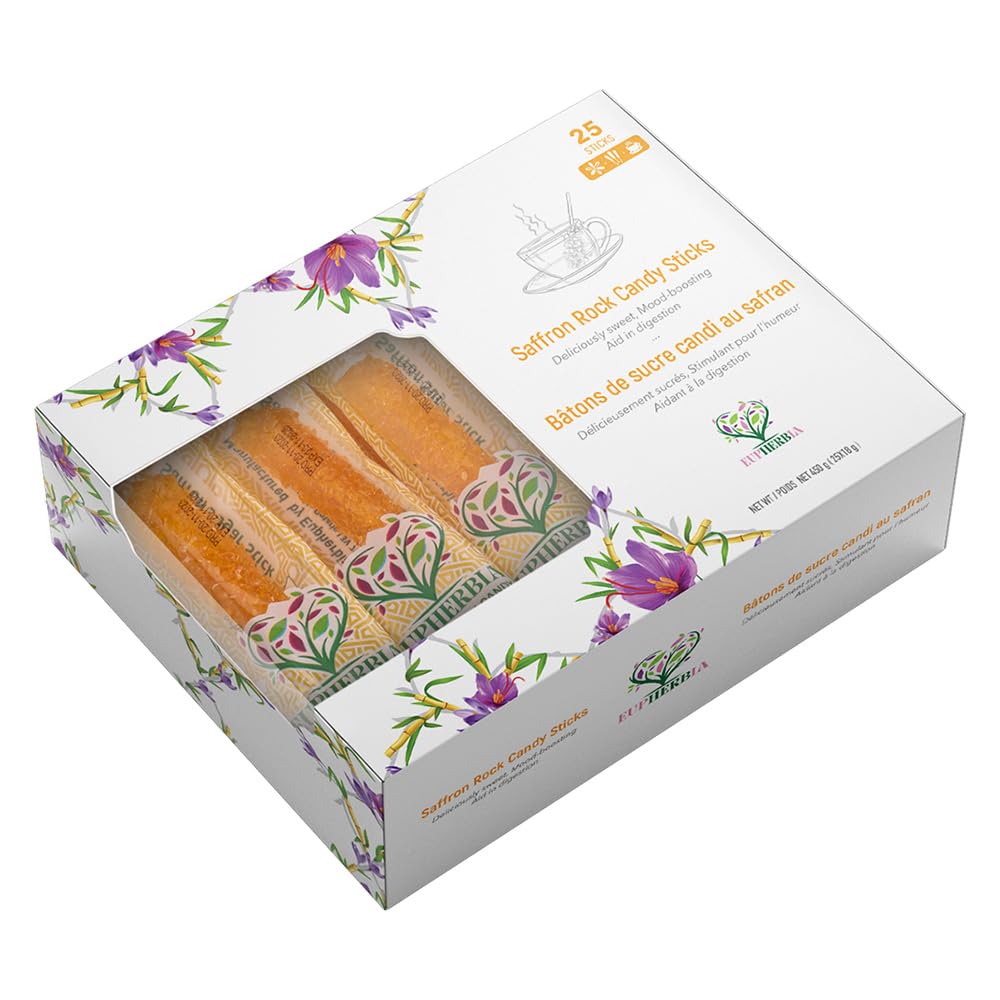 EUPHERBIA front packaging showing 25 saffron rock candy sticks and benefits