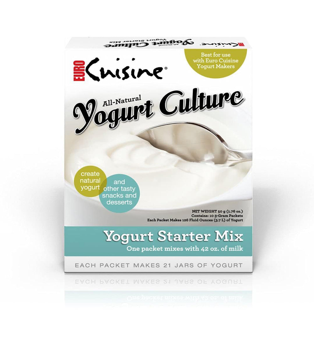 Euro Cuisine front packaging showing starter pouches and brand, conveys reliable home yogurt making