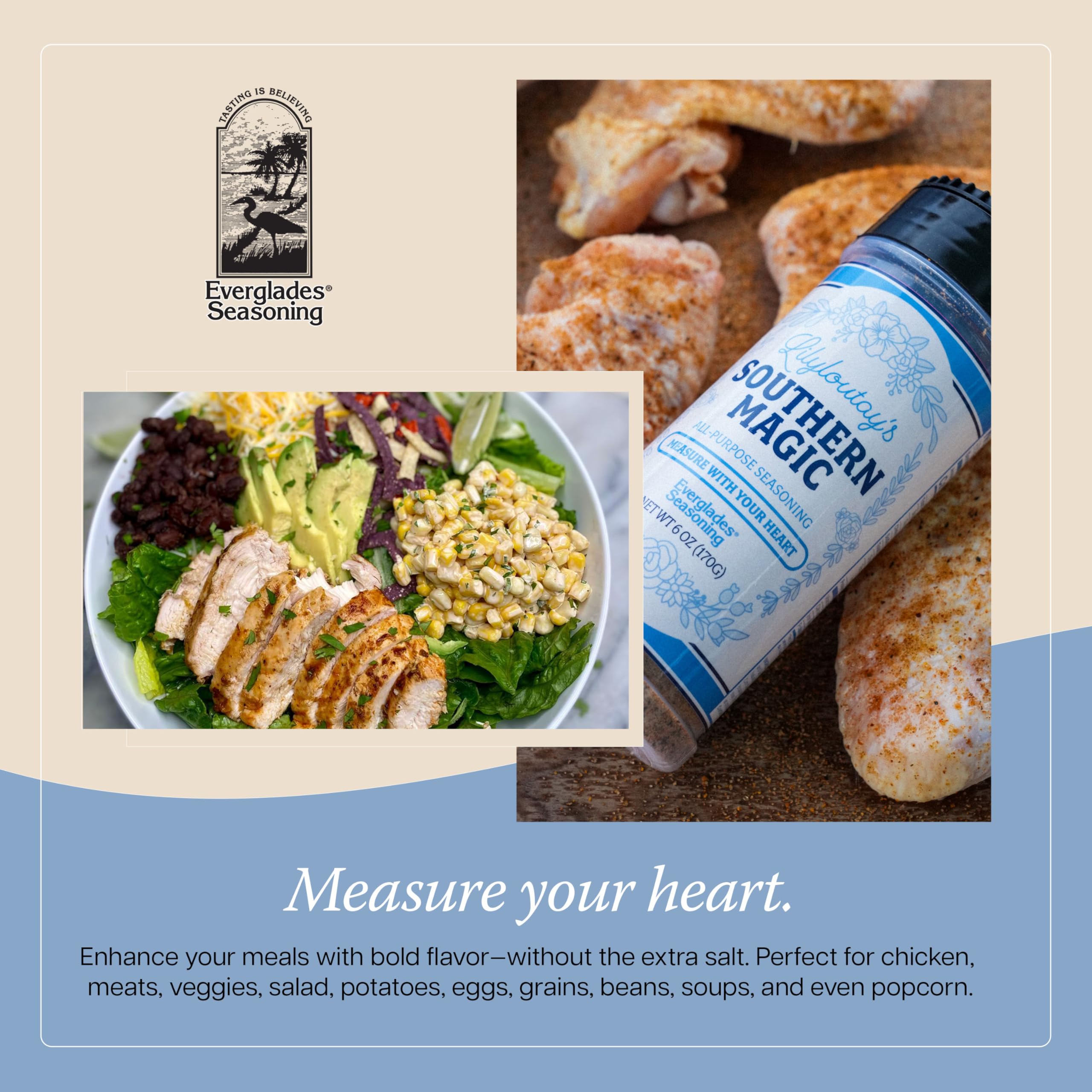 Everglades shaker beside raw herbs and spices showing quality ingredients