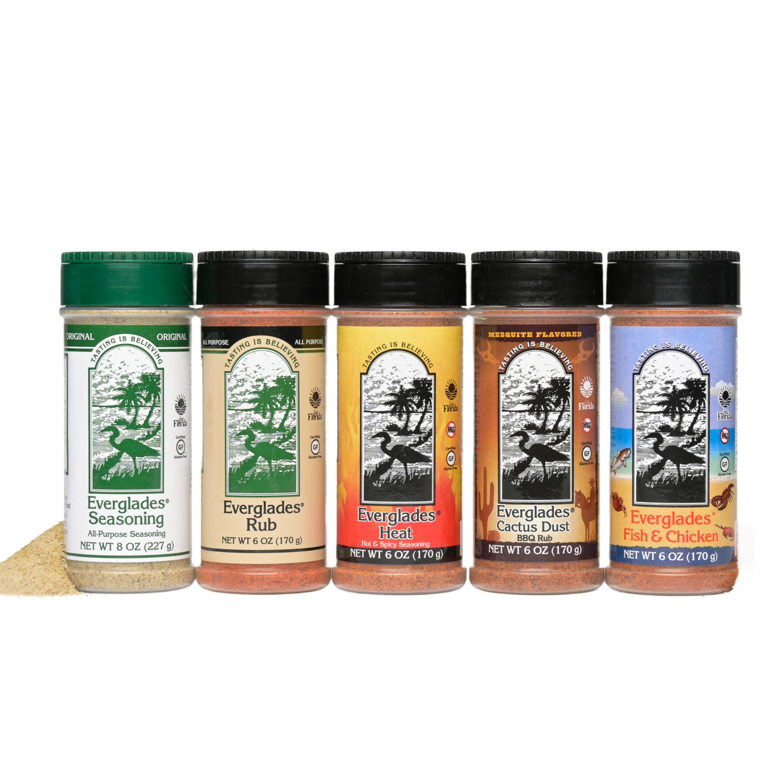 Everglades sampler front packaging showing five spice bottles and benefits