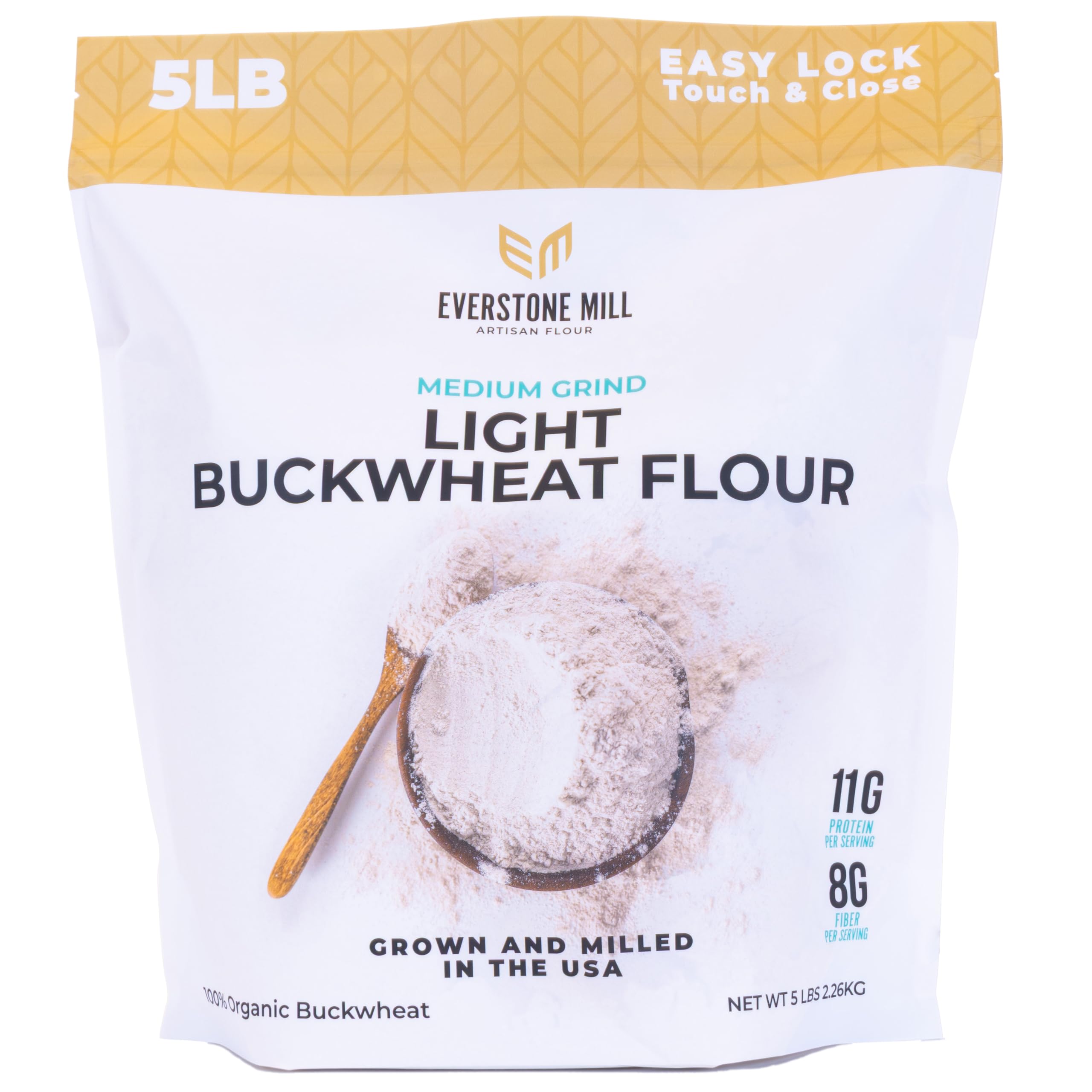 Everstone Mill front packaging shows 5 lb organic buckwheat flour and clear labeling benefit