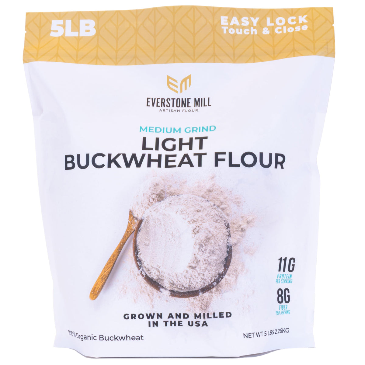 Everstone Mill front packaging shows 5 lb organic buckwheat flour and clear labeling benefit