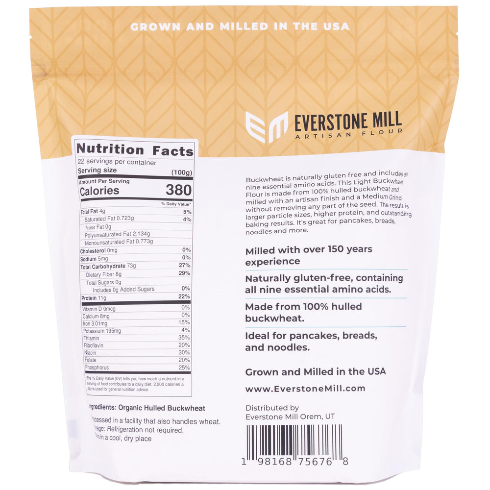 Everstone Mill open bag revealing light, medium-ground buckwheat texture and baking-ready benefit