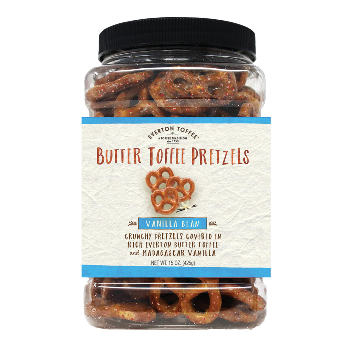 Everton Toffee jar front view showing premium label and resealable lid benefit