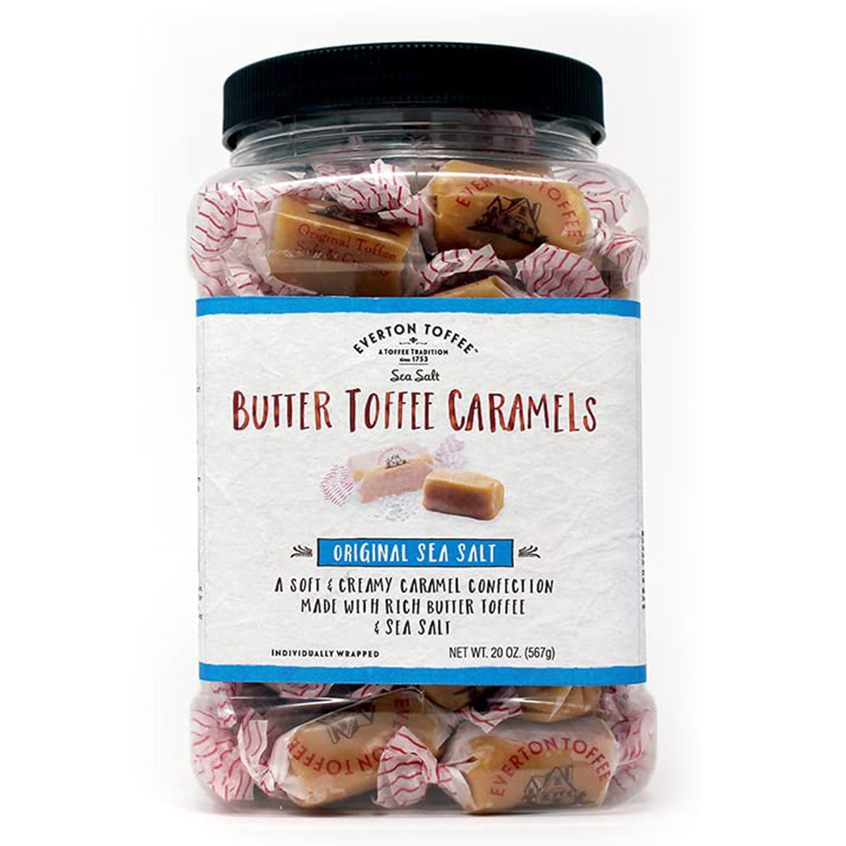 Everton Toffee jar front view showing 50-count resealable container and label for gifting