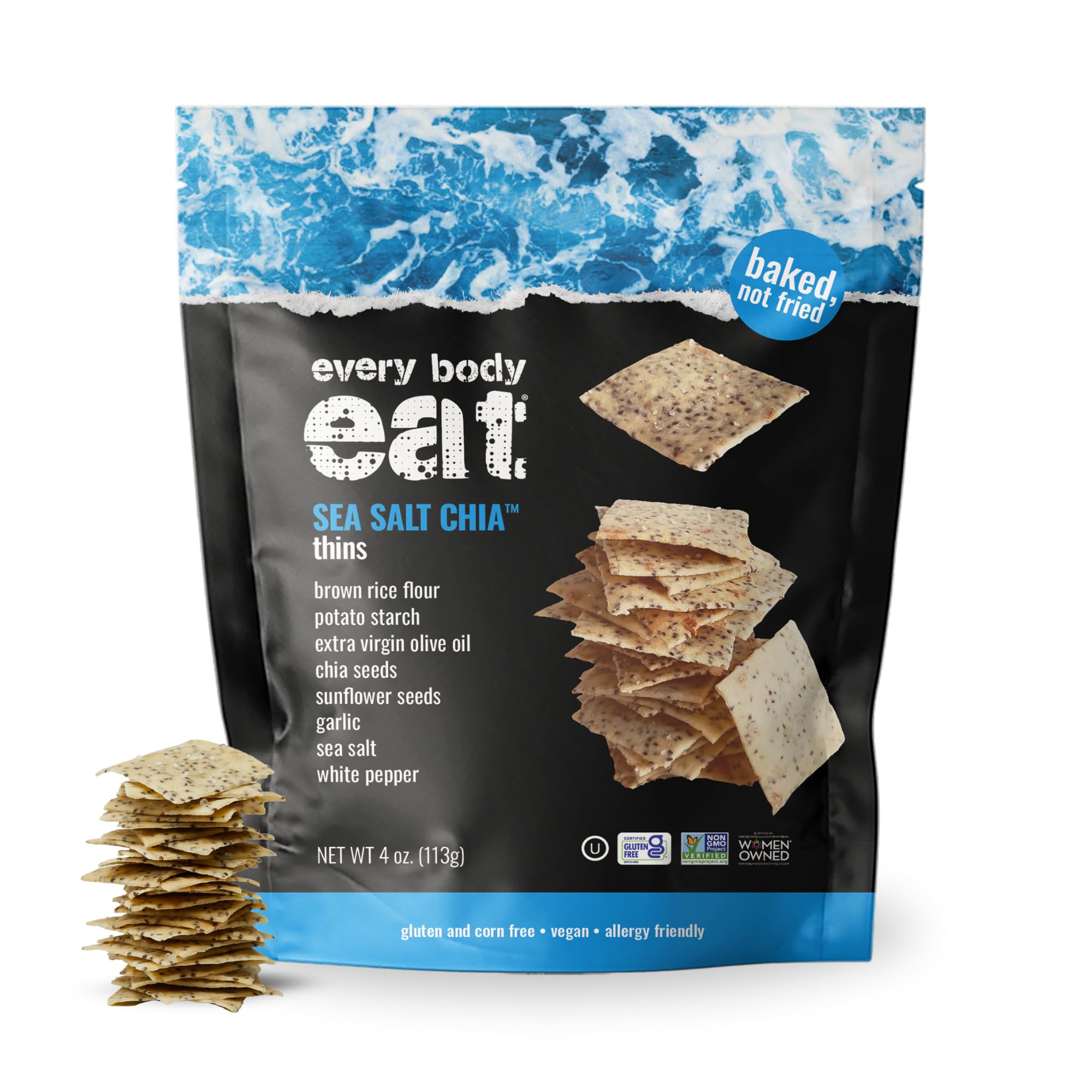 Every Body Eat front packaging showing sea salt chia crackers and clean ingredients
