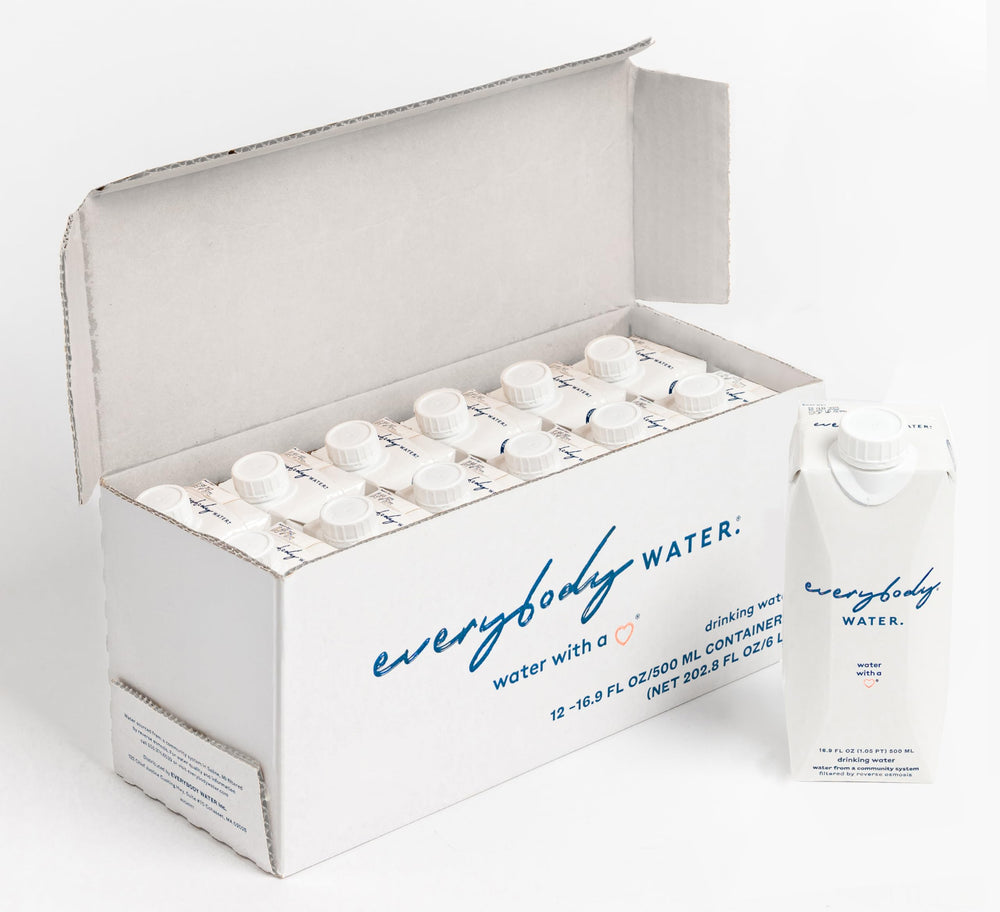 Everybody Water front packaging showing 12-pack and recyclable carton advantage