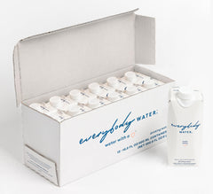 Everybody Water front packaging showing 12-pack and recyclable carton advantage