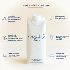 Everybody Water side label detail highlighting five-step filtration and sustainability
