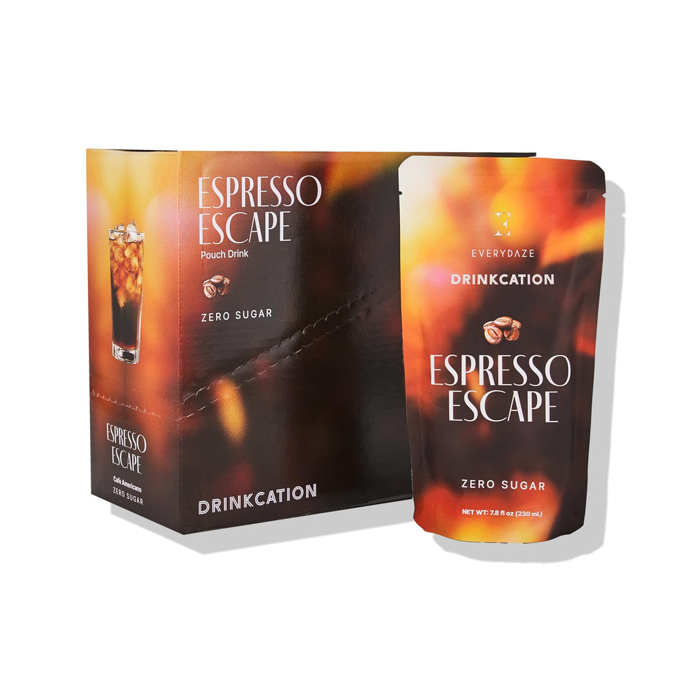 EVERYDAZE front packaging of Espresso Escape pouch showing brand and medium roast benefits