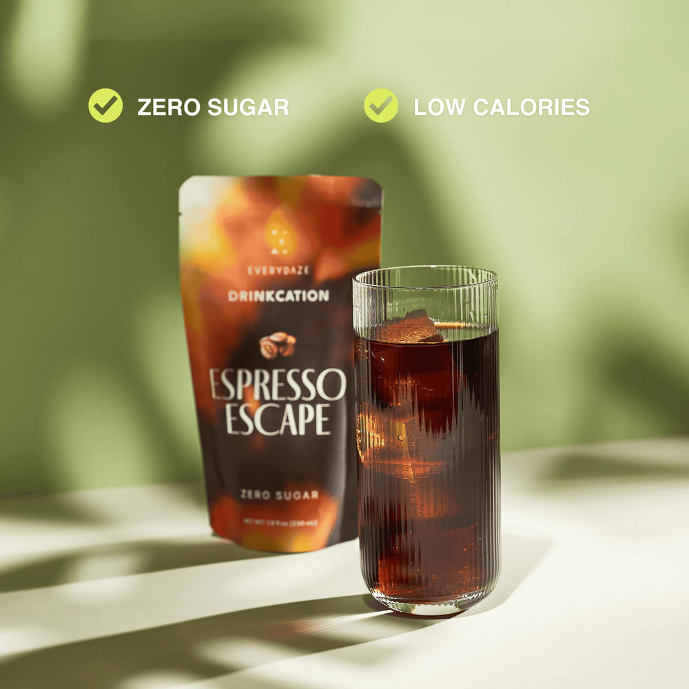 EVERYDAZE espresso poured over ice in glass highlighting refreshing cold taste