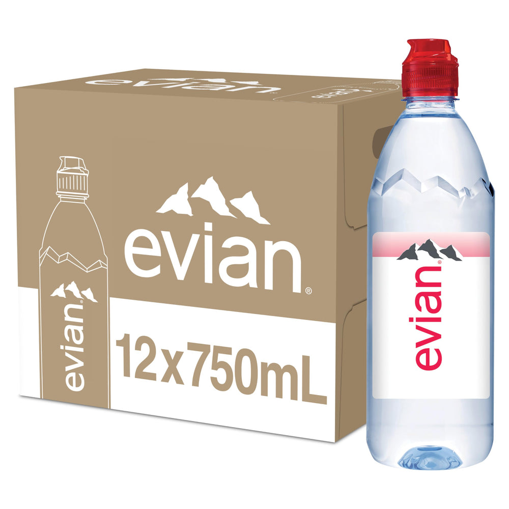 evian 750ml front packaging showing brand and 12-pack convenience