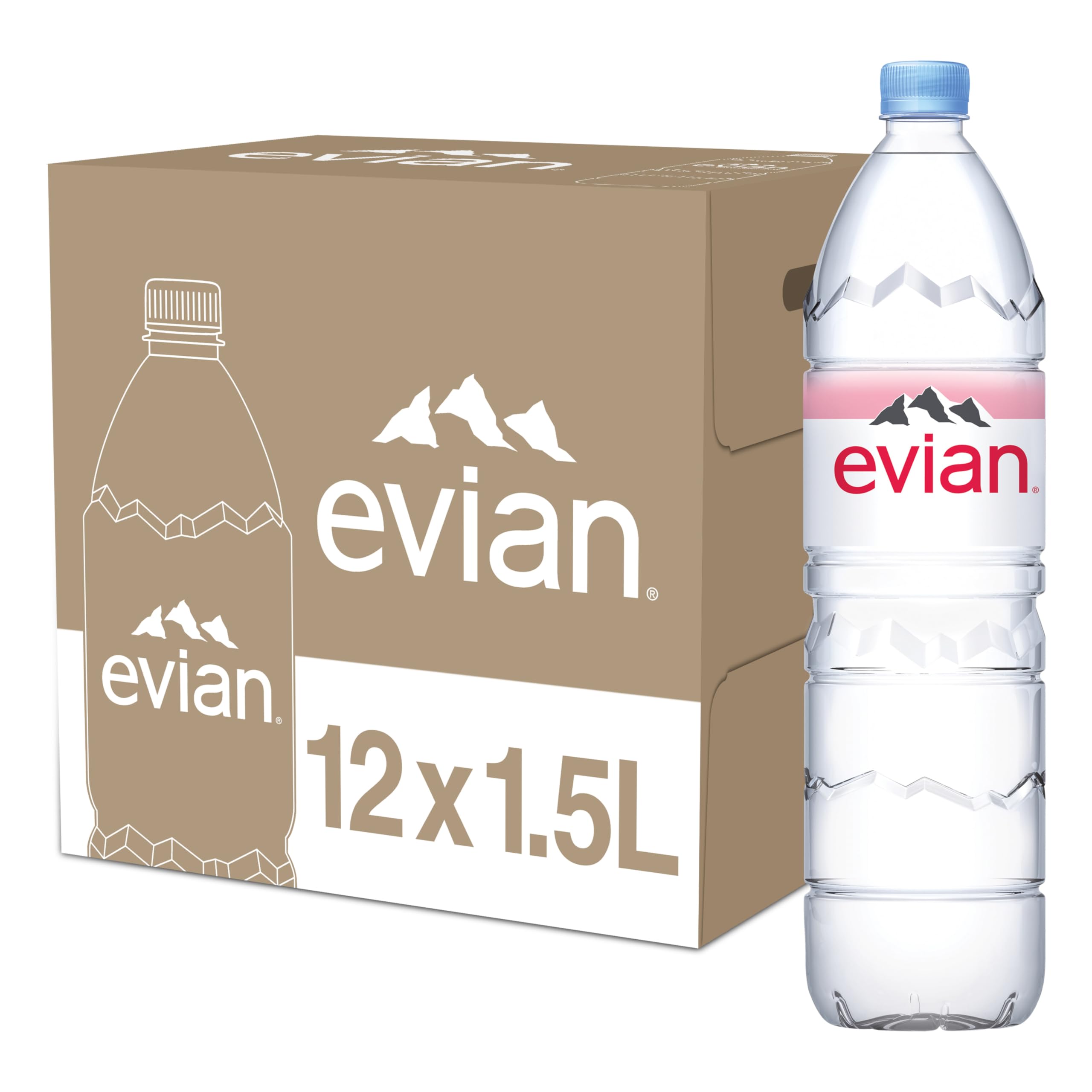 evian front packaging showing 1.5 L bottles and pack for convenient supply