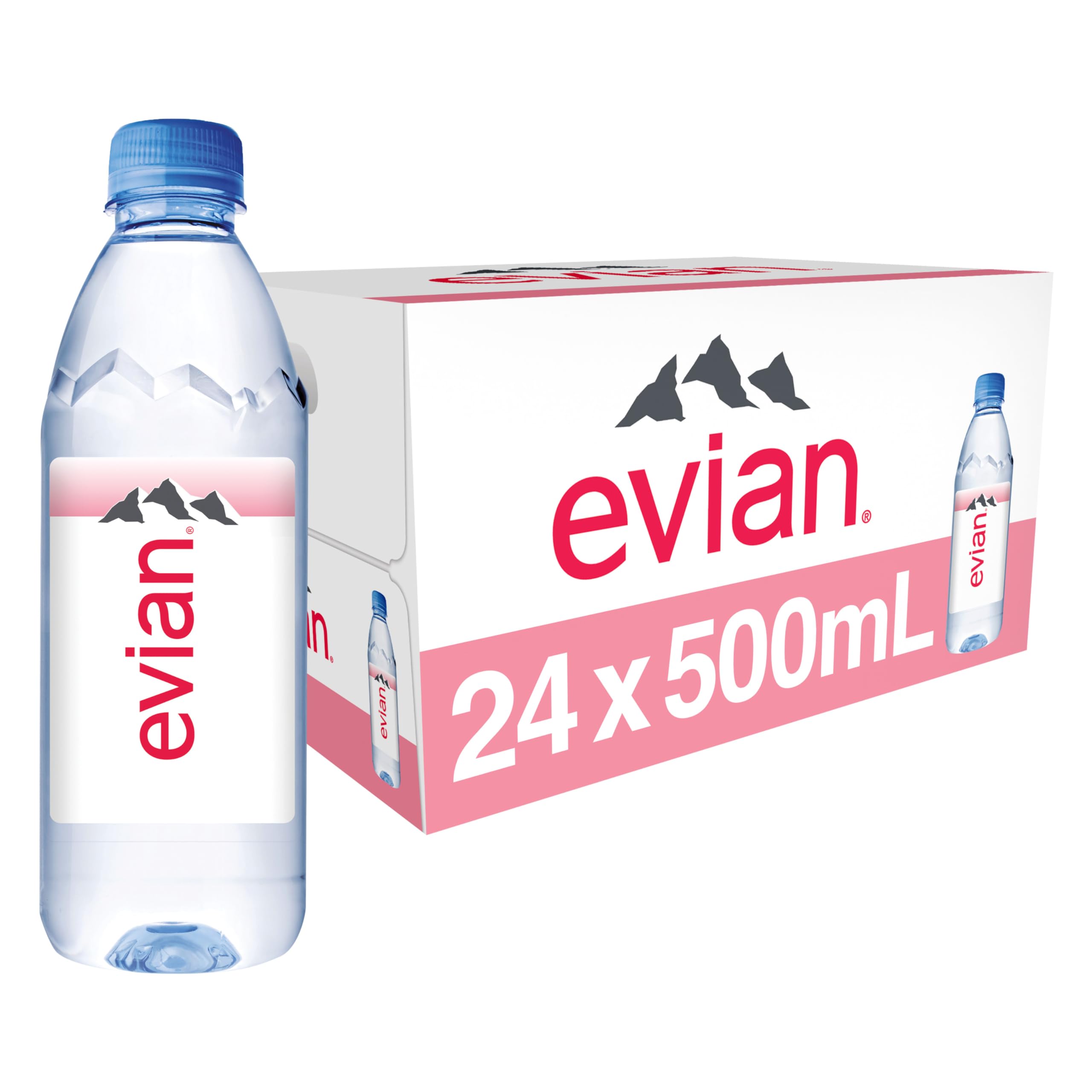evian 24-pack front packaging shows brand and convenience for stockpiling