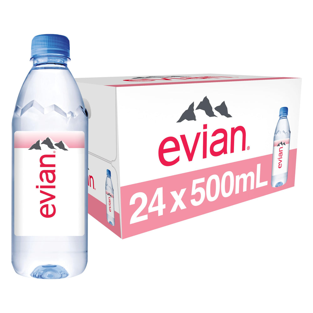 evian 24-pack front packaging shows brand and convenience for stockpiling