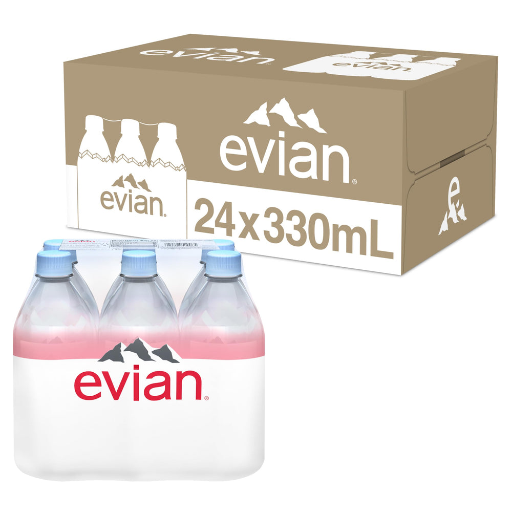 evian front packaging showing 24-pack and easy storage benefit