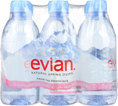 evian front packaging shows six bottles and brand for reliable hydration