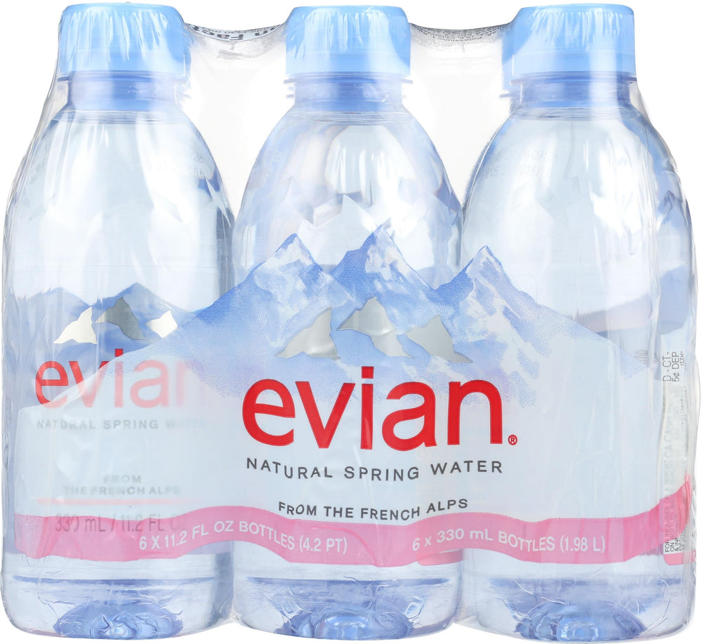 evian single bottle close-up highlighting clear water and portability benefit