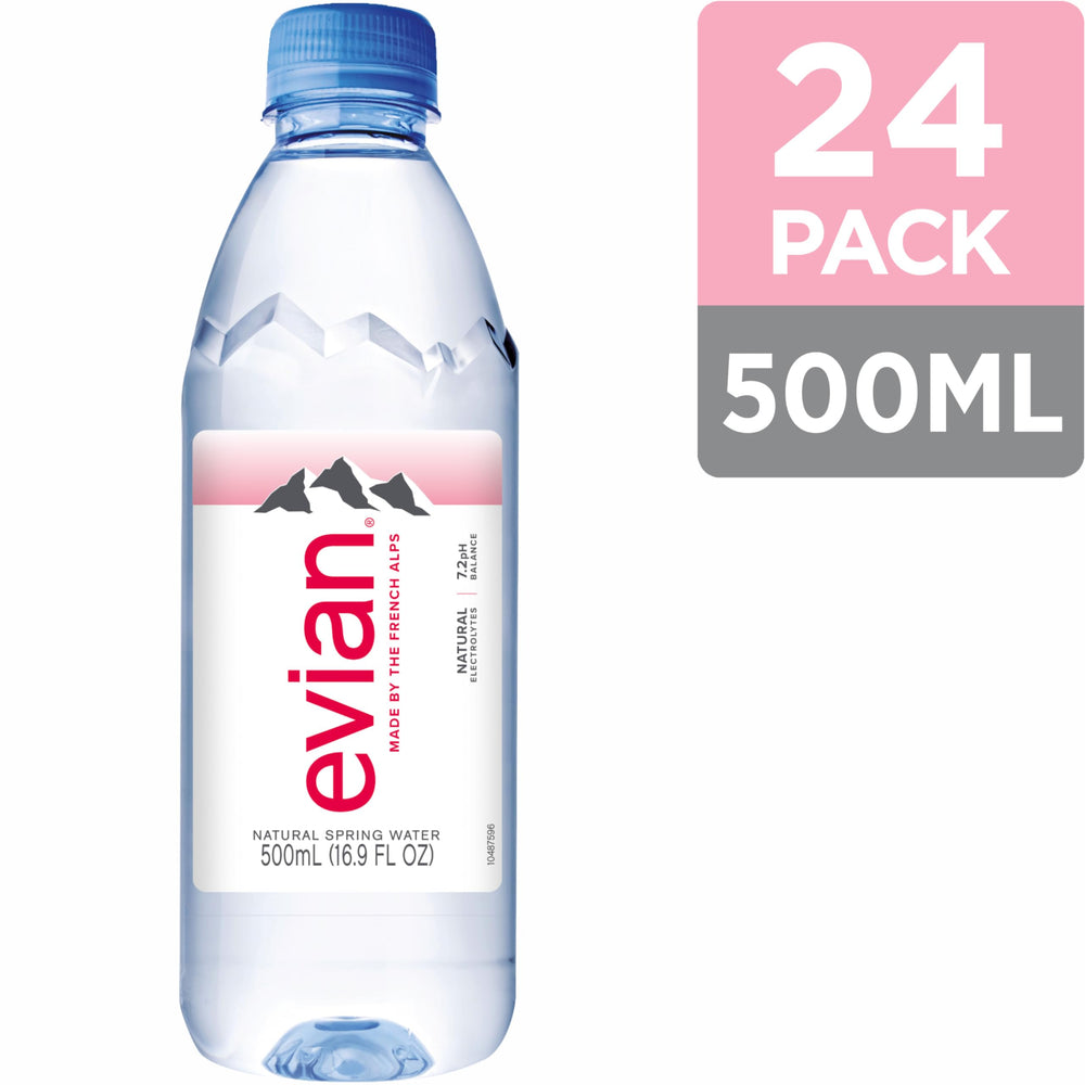 evian single 500mL bottle front label highlighting pure spring source