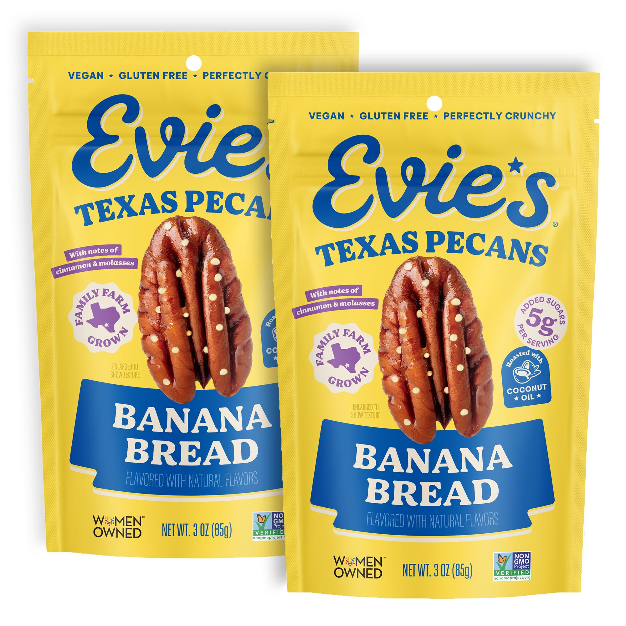 Evie's front packaging showing banana bread pecans and convenient two-pack benefit