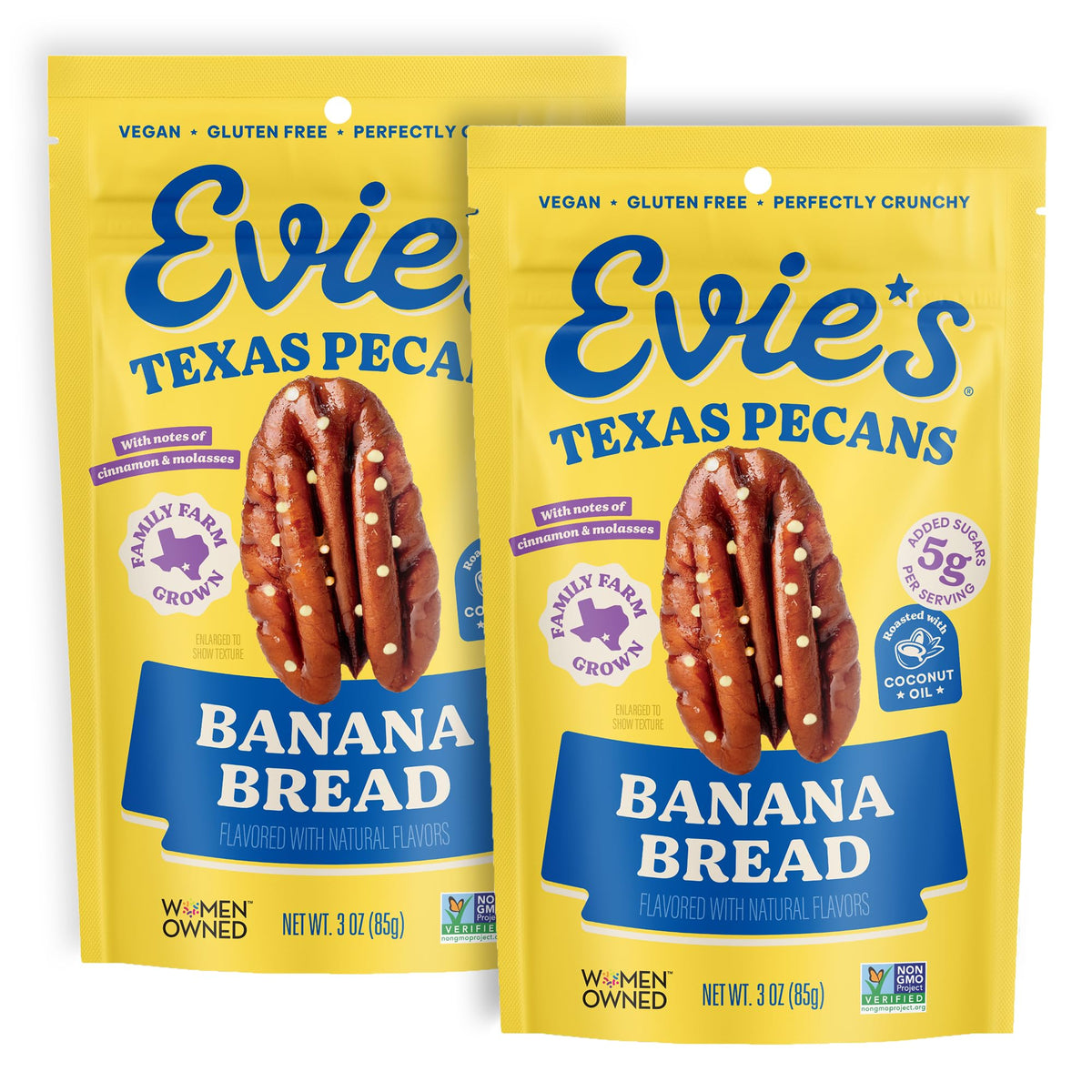 Evie's front packaging showing banana bread pecans and convenient two-pack benefit