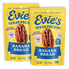 Evie's front packaging showing banana bread pecans and convenient two-pack benefit
