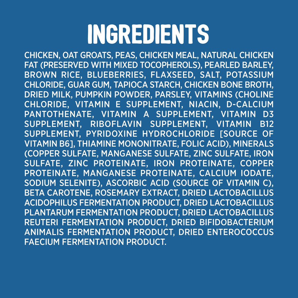 Evolve ingredients display with cage-free chicken and blueberries for quality