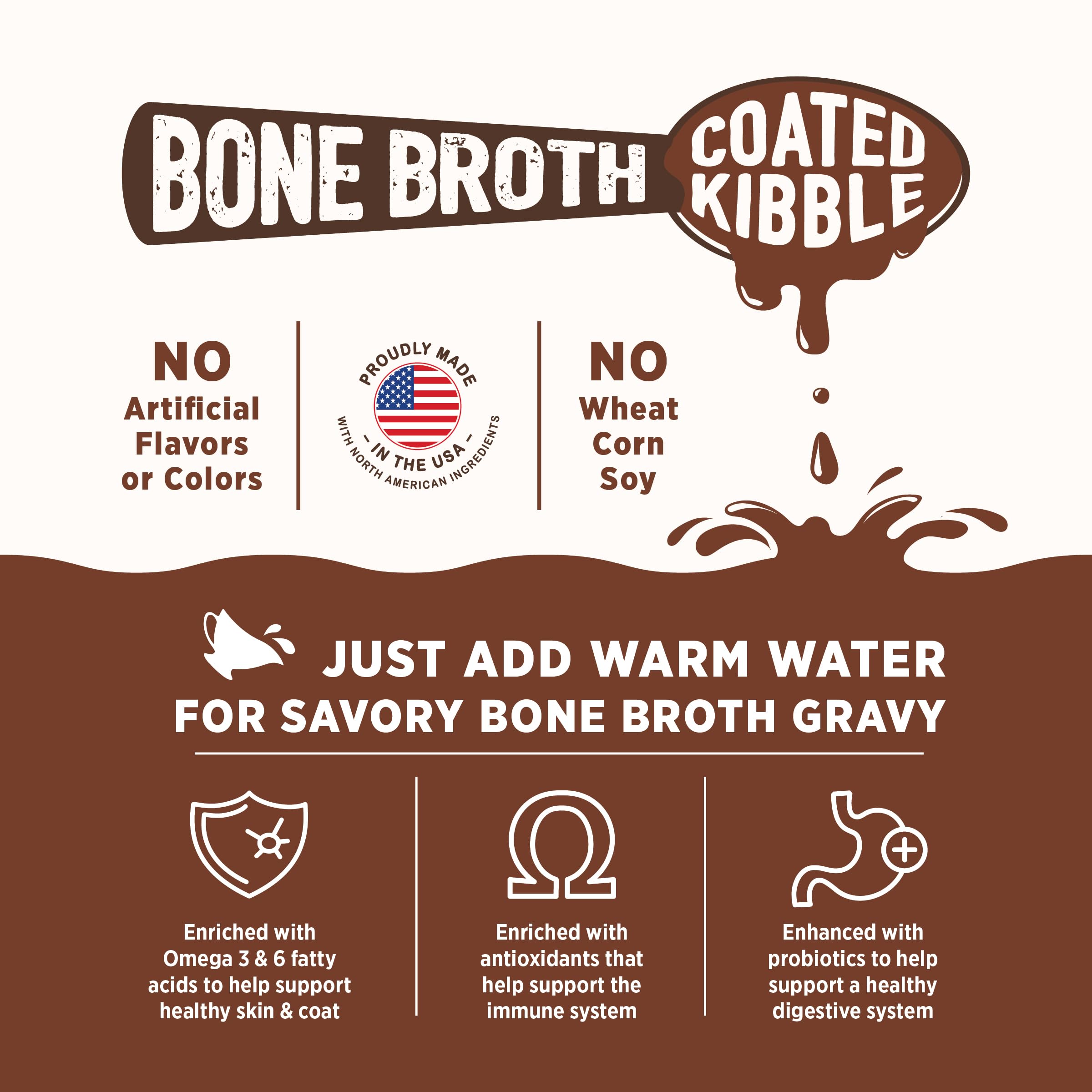 Evolve bowl with kibble rehydrated using warm water creating savory gravy