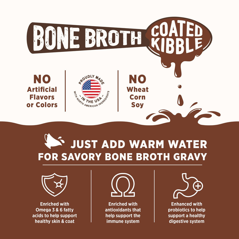 Evolve bowl with kibble rehydrated using warm water creating savory gravy