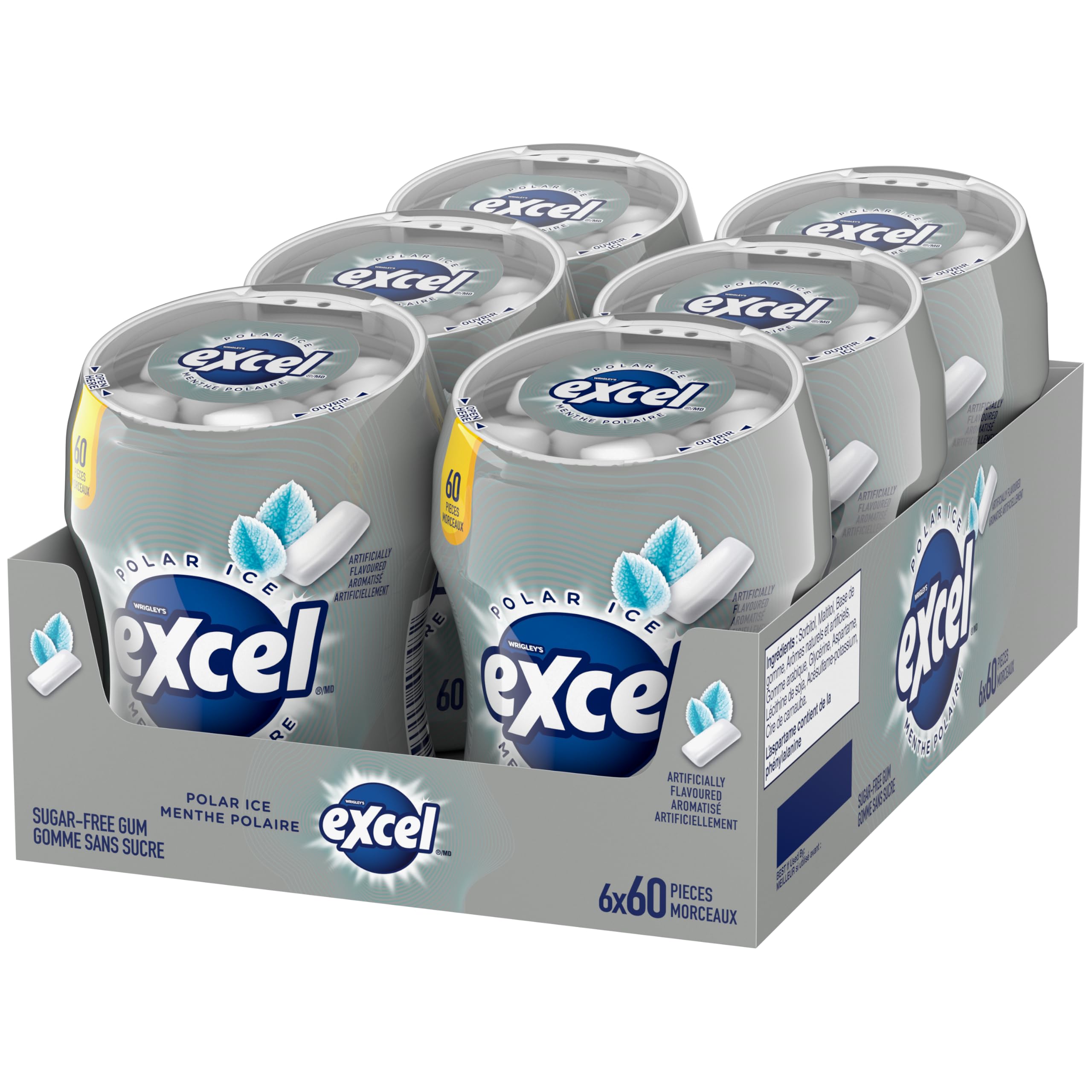 Six-count pack of Excel Polar Ice bottles stacked, convenient bulk supply for home or office