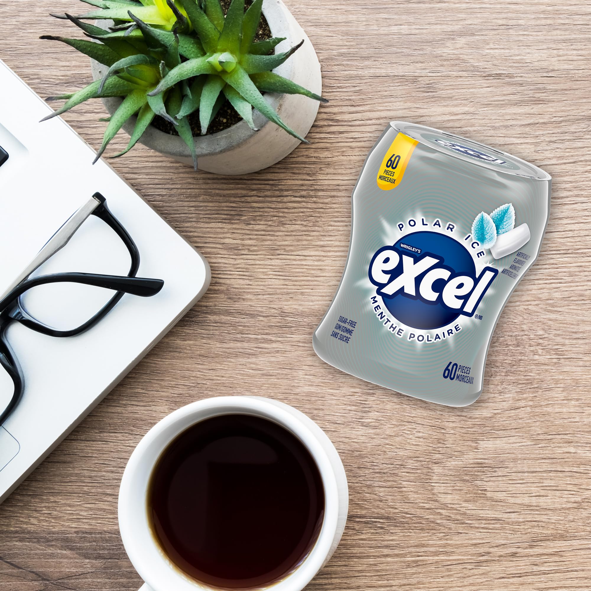 Close-up of Excel Polar Ice gum texture while chewed to show consistent chew and flavor retention