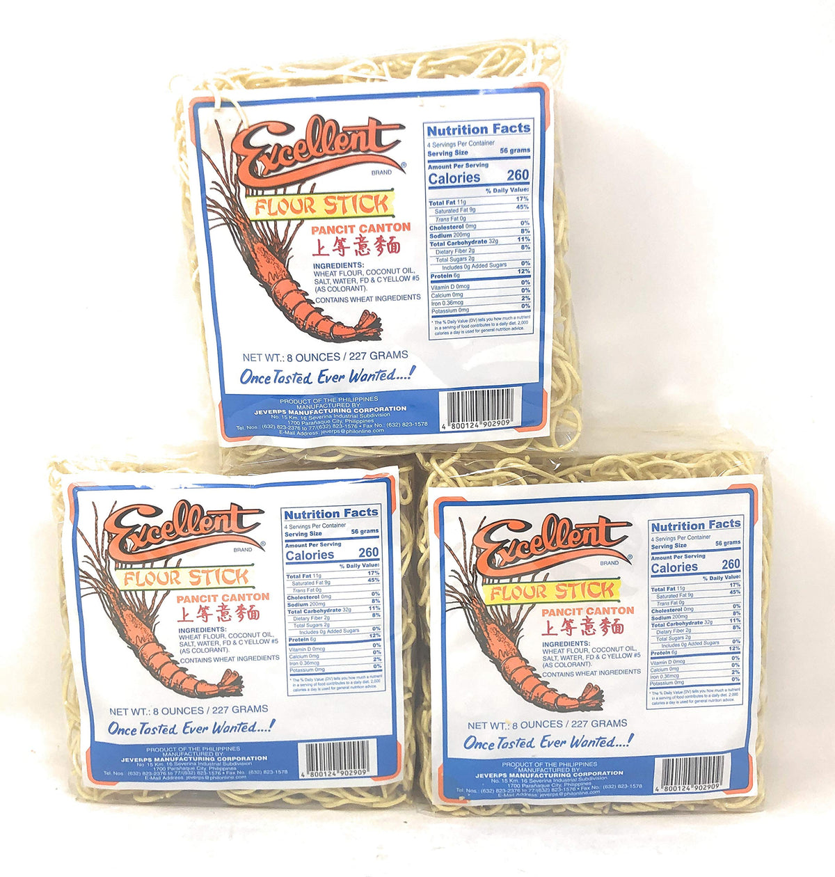 Excellent front packaging showing three 8oz noodle packs and convenience
