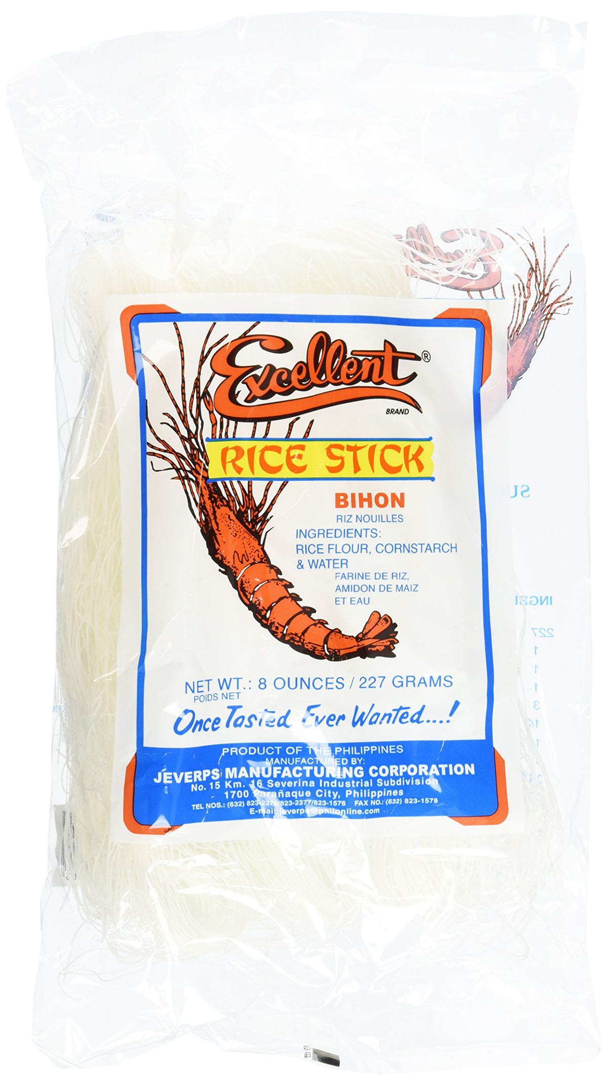 Excellent front packaging showing two 8oz rice stick bihon packs, convenient storage