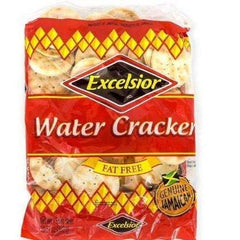 Excelsior Water Crackers front packaging showing pack of three, clear product view and convenience