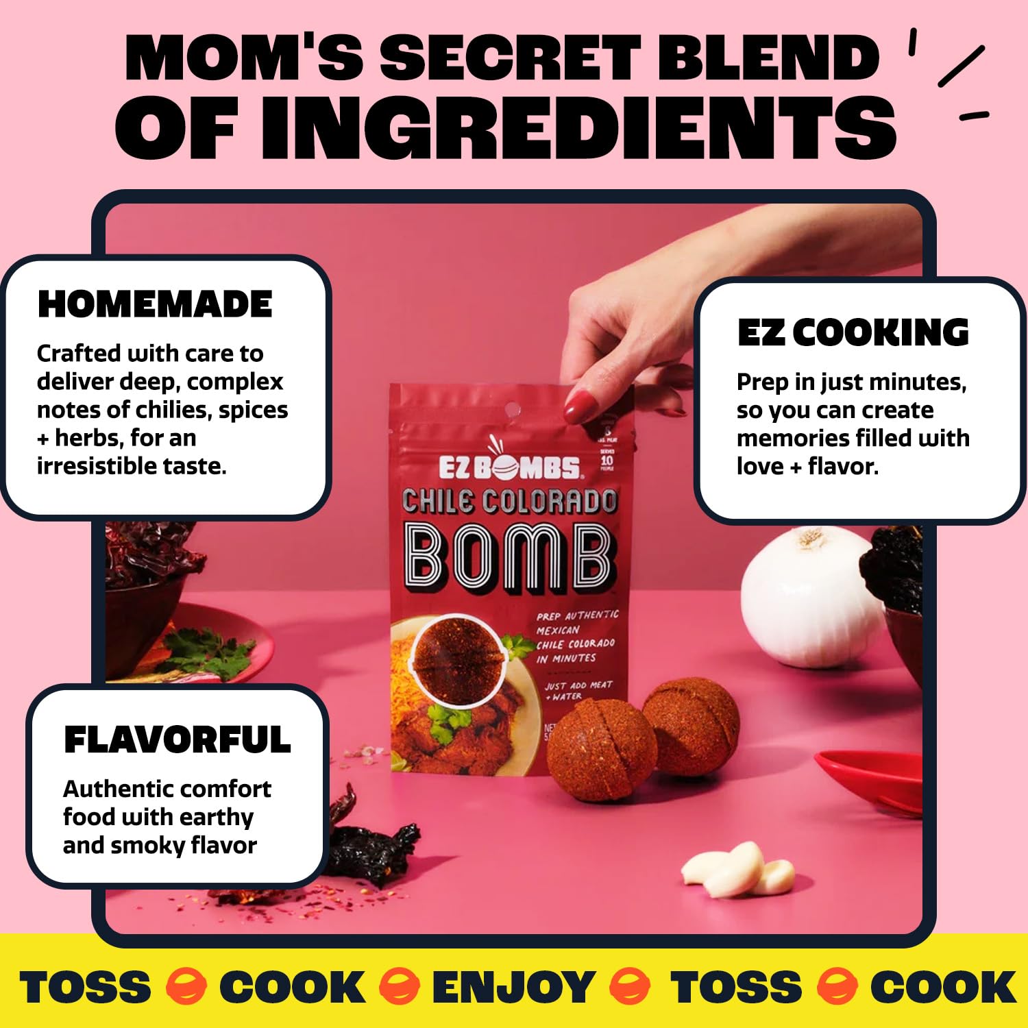 EZ Bombs seasoning Bomb being poured into a simmering pot showing easy one-step use