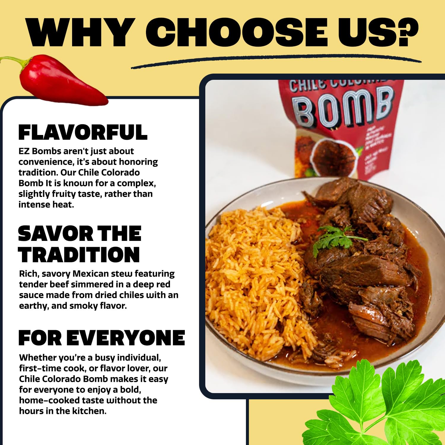 EZ Bombs family dining scene with Chile Colorado served showing crowd-pleasing home cooking