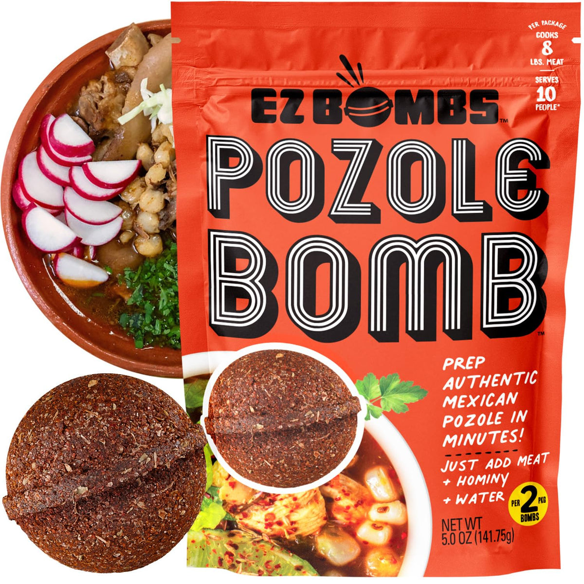 EZ Bombs front packaging showing 2-pack and product benefit quick authentic pozole