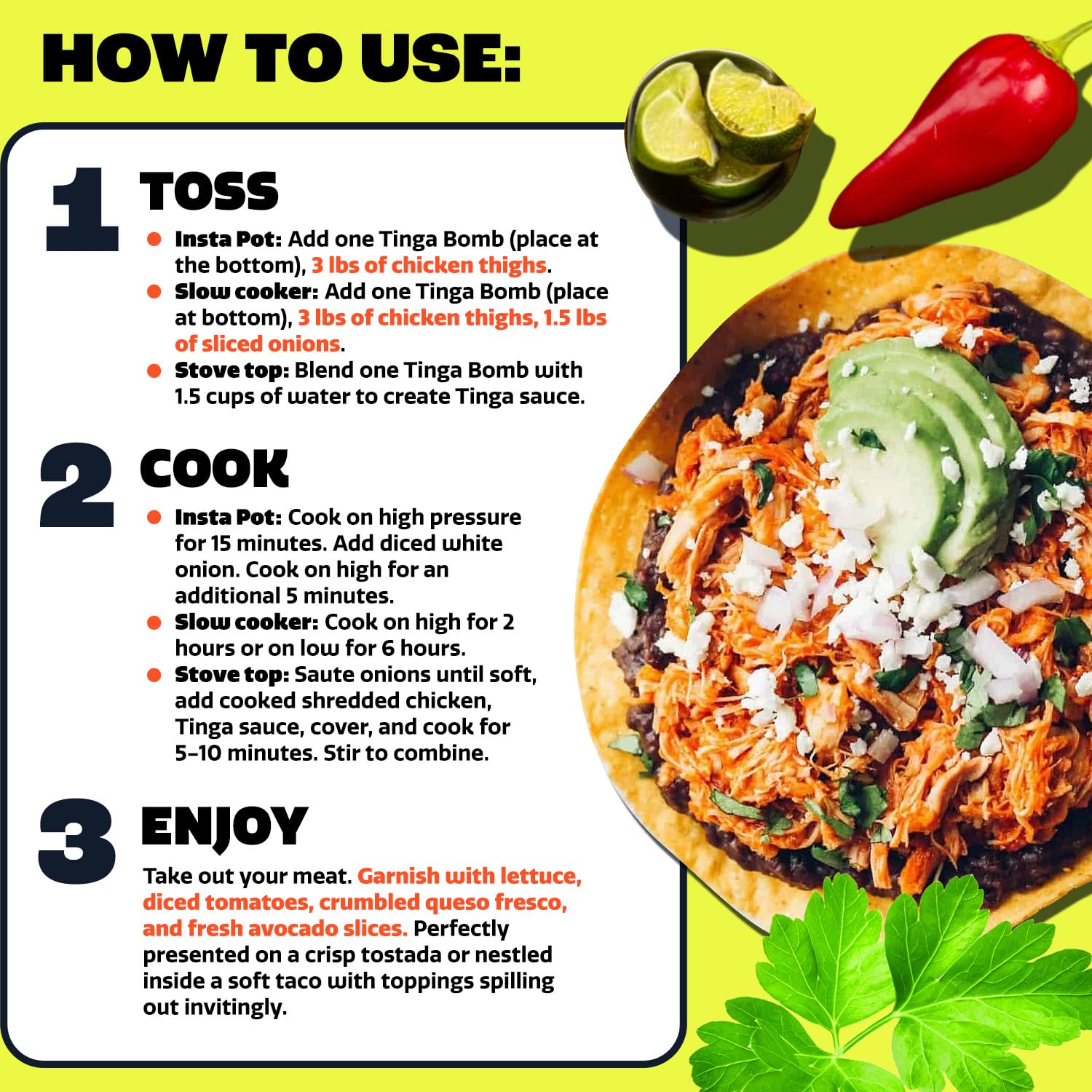 EZ Bombs shredded chicken tacos topped with avocado demonstrating ready-to-serve flavor