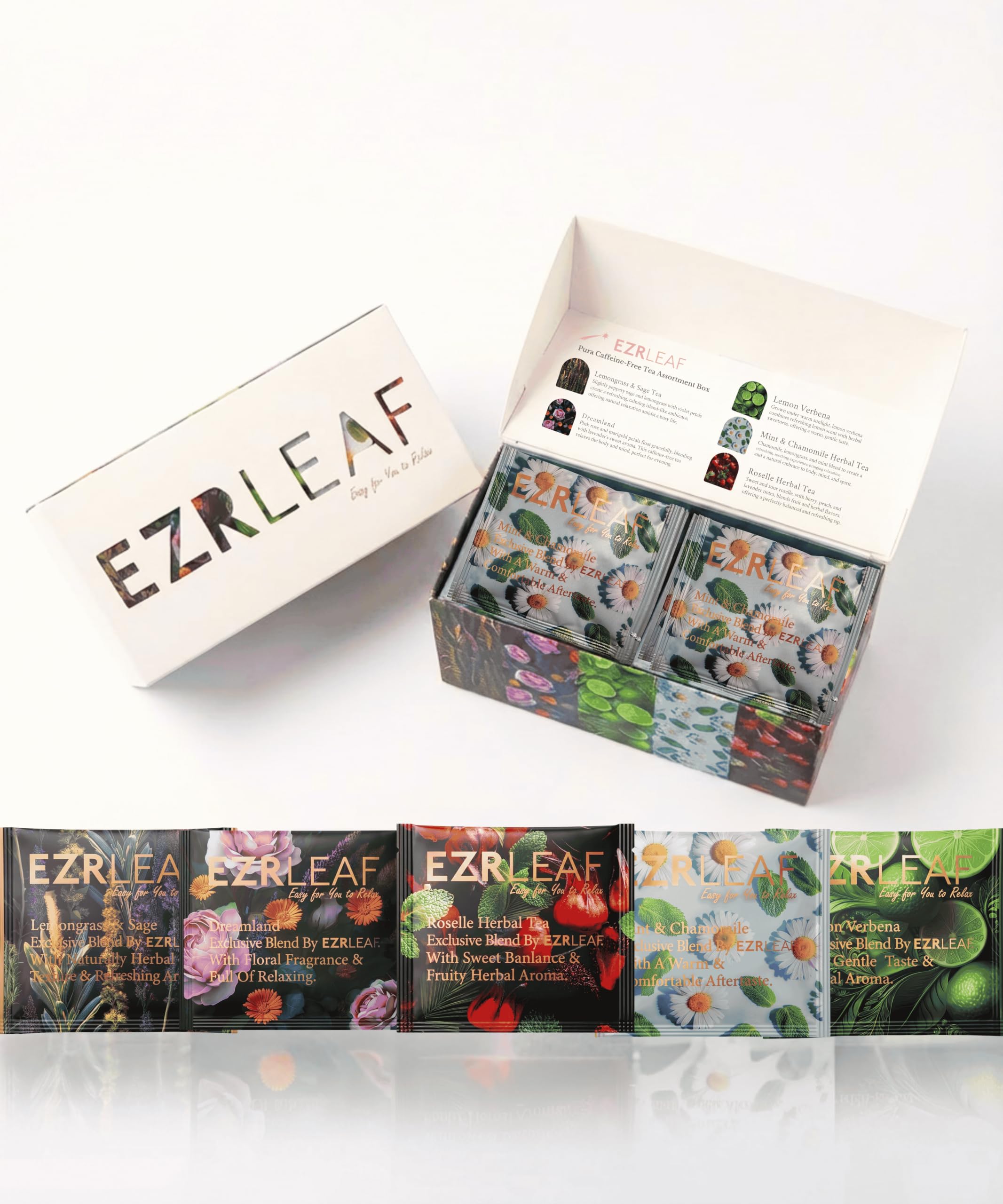 EZR LEAF box front view showing elegant rose-gold gift packaging and variety