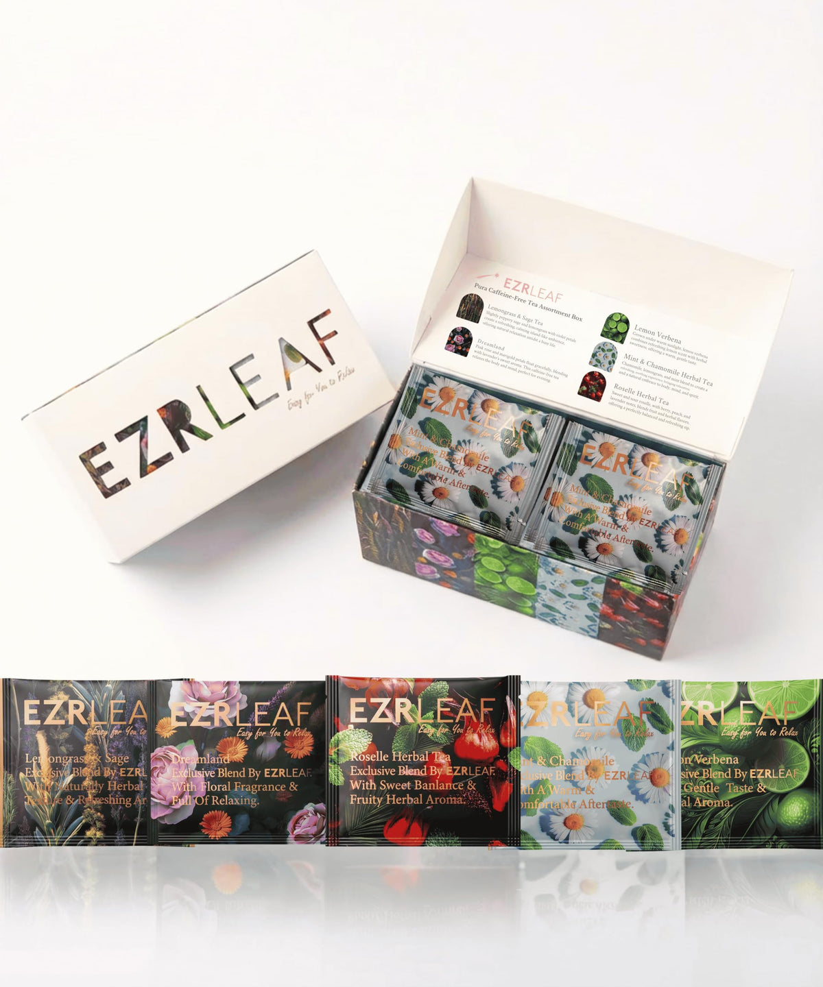 EZR LEAF box front view showing elegant rose-gold gift packaging and variety
