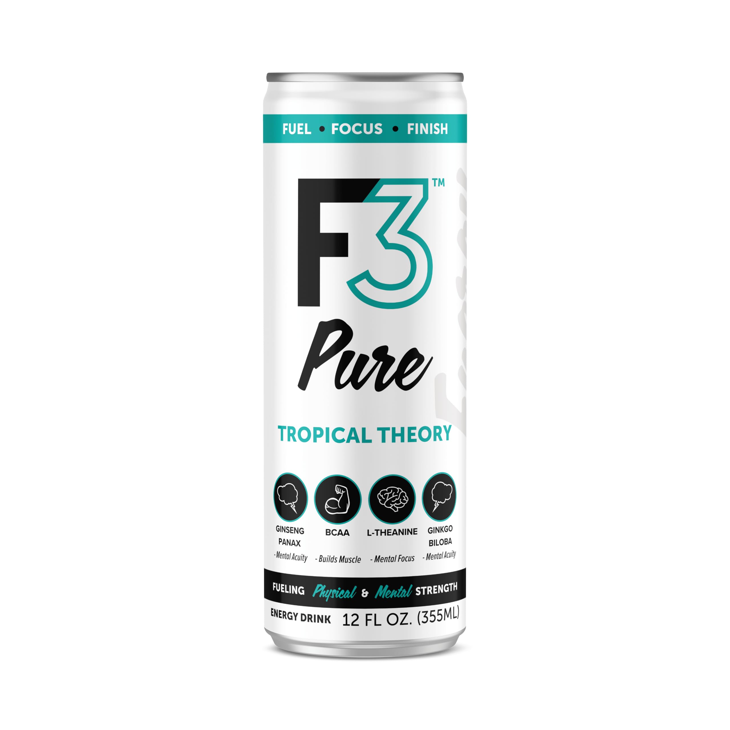 F3 energy can beside smartphone illustrating 12 fl oz size convenience